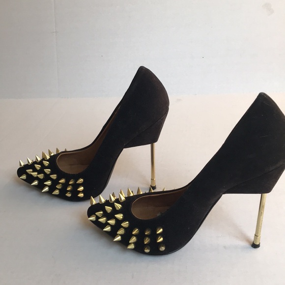 Penny Sue Black Faux Suede Shoe with Gold Spikes & Metallic 4.5 inch Heel - Picture 5 of 13